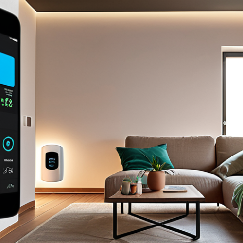 Home 11 **
A modern Italian living room with smart lighting. Some lights are dimmed, others are off, and a smartphone displays an energy consumption graph. Show a stylish smart thermostat on the wall. The overall atmosphere should convey energy efficiency and a comfortable, technologically advanced home. Include a subtle indication of "Ecobonus" eligibility in the background (perhaps a pamphlet).
**