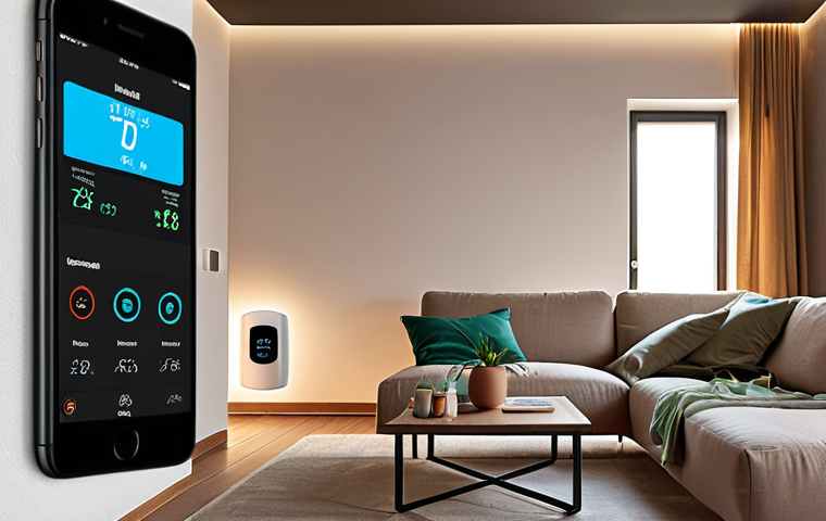 **

A modern Italian living room with smart lighting. Some lights are dimmed, others are off, and a smartphone displays an energy consumption graph. Show a stylish smart thermostat on the wall. The overall atmosphere should convey energy efficiency and a comfortable, technologically advanced home. Include a subtle indication of "Ecobonus" eligibility in the background (perhaps a pamphlet).

**