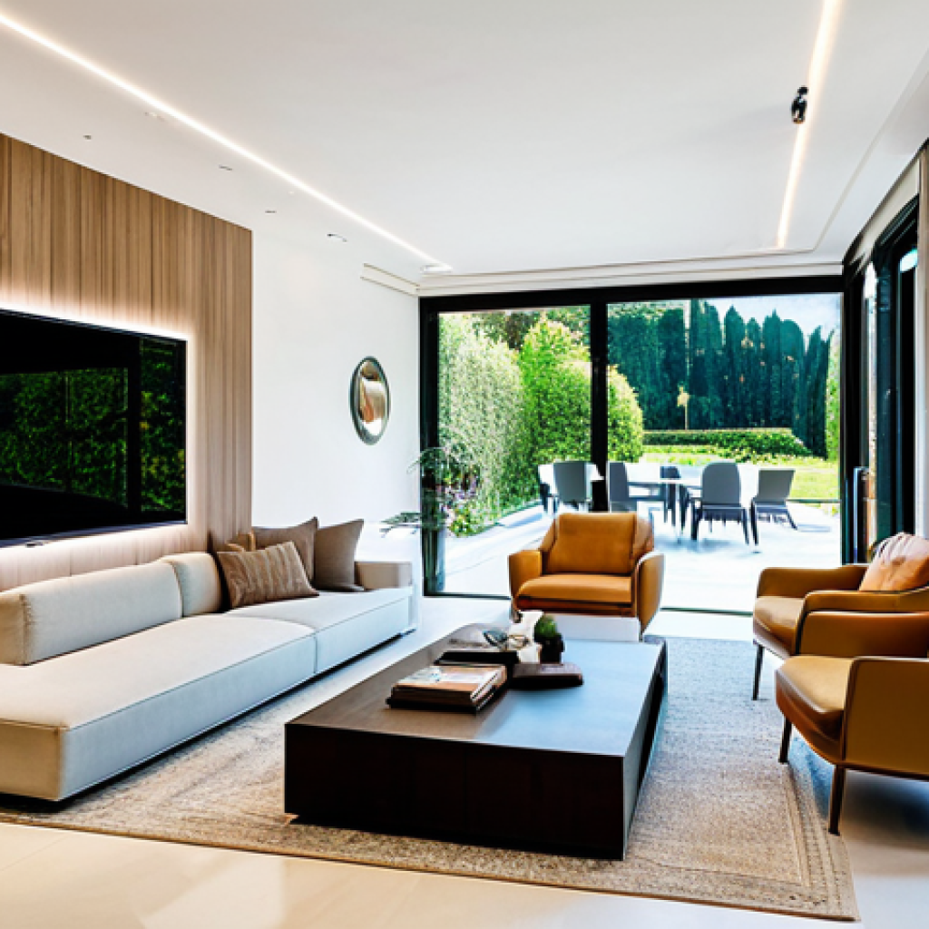 Modern Smart Home Living Room**
"A bright and airy living room in a modern Italian villa, featuring smart home technology. Integrated lighting subtly illuminates a comfortable seating area with a sofa and armchairs. A smart thermostat is visible on the wall, displaying energy-saving settings. Large windows overlook a well-maintained garden. Fully clothed family members are relaxing, reading books, and enjoying the space. Professional interior design photography, natural lighting, perfect anatomy, correct proportions, family-friendly, safe for work, appropriate content, fully clothed, modest clothing."
**