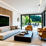 Home 10 Modern Smart Home Living Room**
"A bright and airy living room in a modern Italian villa, featuring smart home technology. Integrated lighting subtly illuminates a comfortable seating area with a sofa and armchairs. A smart thermostat is visible on the wall, displaying energy-saving settings. Large windows overlook a well-maintained garden. Fully clothed family members are relaxing, reading books, and enjoying the space. Professional interior design photography, natural lighting, perfect anatomy, correct proportions, family-friendly, safe for work, appropriate content, fully clothed, modest clothing."
**