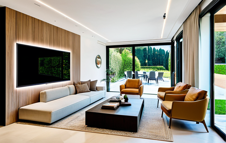 Modern Smart Home Living Room**
"A bright and airy living room in a modern Italian villa, featuring smart home technology. Integrated lighting subtly illuminates a comfortable seating area with a sofa and armchairs. A smart thermostat is visible on the wall, displaying energy-saving settings. Large windows overlook a well-maintained garden. Fully clothed family members are relaxing, reading books, and enjoying the space. Professional interior design photography, natural lighting, perfect anatomy, correct proportions, family-friendly, safe for work, appropriate content, fully clothed, modest clothing."
**