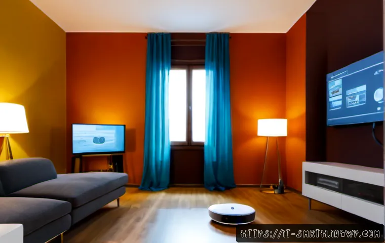 Home 11 스마트홈 시스템에서의 분산형 네트워크 - Photorealistic modern Italian apartment living room at warm evening, a central smart home hub subtly...