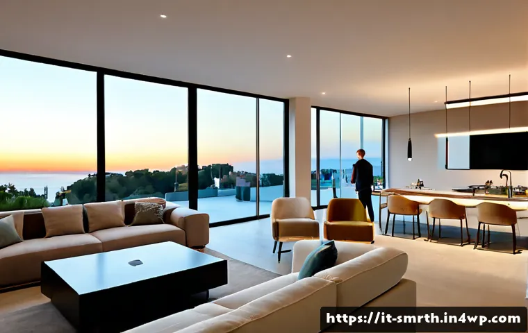 Home 16 스마트홈 제품의 미래 시장 전망 - Photorealistic modern Italian apartment living room showcasing the future smart home market, an eleg...